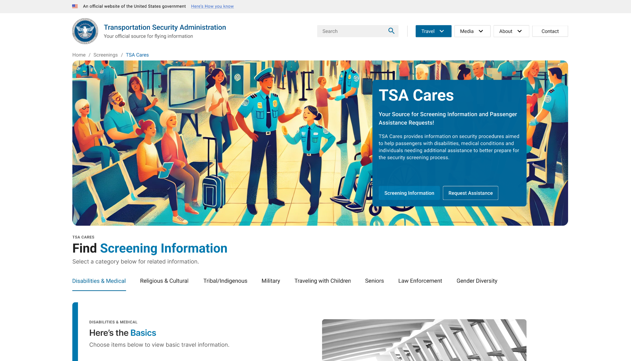 A screenshot of an updated TSA Cares homepage.